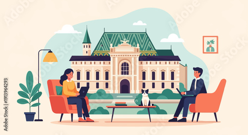 Two people and a cat relax in a cozy living area before a grand building