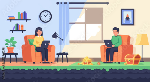 Two people in armchairs using laptops with a treasure chest nearby