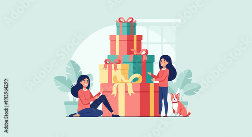 Two happy people with a dog surround a large stack of colorful gift boxes