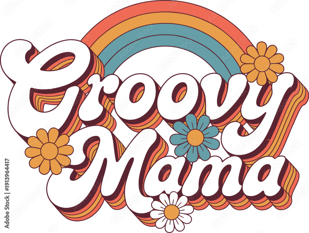 Fototapeta premium Groovy mama retro typography with rainbow and flowers for mothers day