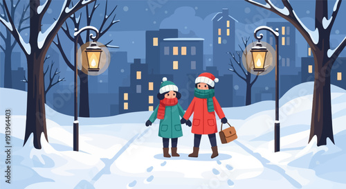 Two children in winter clothes walk hand-in-hand on a snowy path
