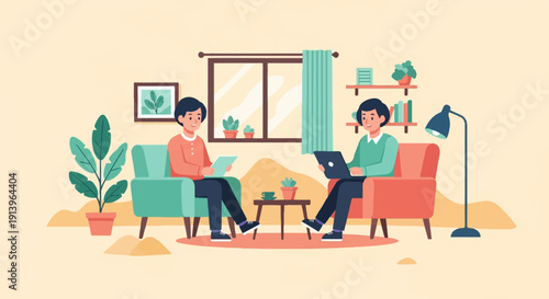 Two individuals are seated in comfortable chairs, engaged with digital devices and books indoors