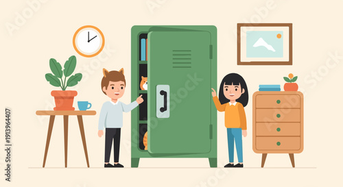 Two children interact near a locker with pets inside