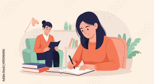 Two individuals engaged in learning and reading within a cozy, well-lit indoor setting