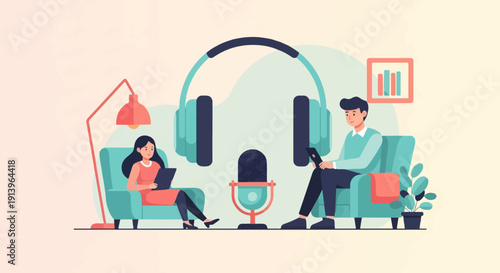 Two people in chairs, a microphone and headphones suggest a podcast recording session