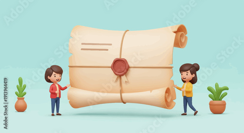 Two children interact with a large, sealed scroll