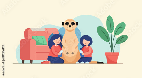 Two children interact with a meerkat next to a sofa and plant