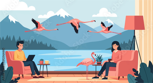 Two people in chairs enjoy coffee and laptops by a lake with flamingos flying