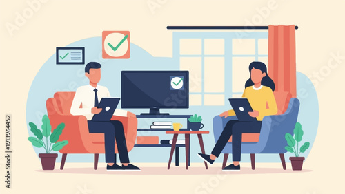 Two people in chairs look at tablets, a TV and checkmarks visible
