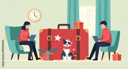 Two people in chairs using laptops next to a red suitcase with a dog