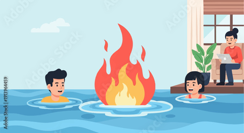 Two children swim in water with a fire in middle; adult works