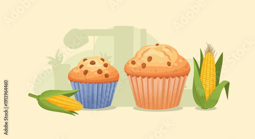 Two chocolate chip muffins sit beside two cobs of corn on a table
