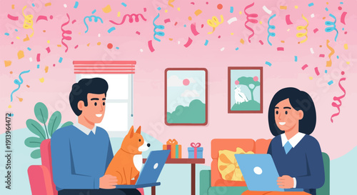 Two people and a dog celebrating with confetti and gifts
