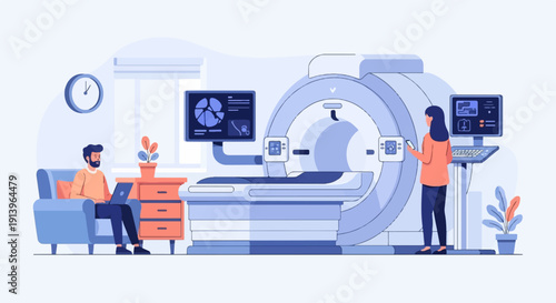 Two individuals interact with advanced medical imaging equipment in a modern clinic setting