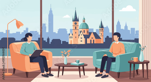 Two people in comfortable chairs by a large window overlook a city skyline