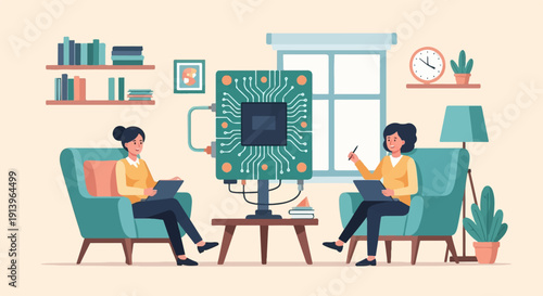 Two people in comfortable chairs discuss a large computer chip