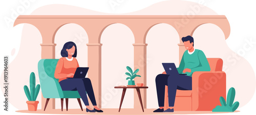 Two people in comfortable seating, using laptops under an archway