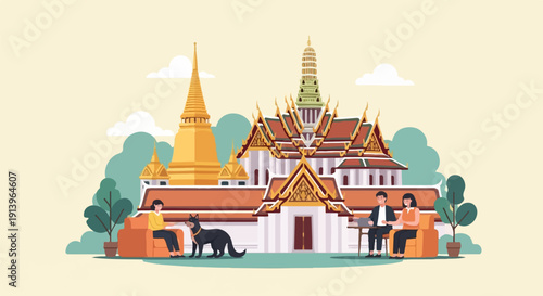 Two couples and a dog relax at a temple complex with lush trees