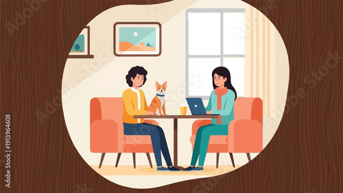 Two people and a dog in a cozy room with a laptop and drinks