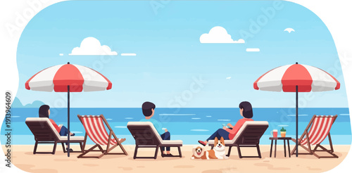 Two couples and dogs relax under umbrellas on a sunny beach