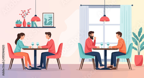 Two couples dining at separate tables inside a restaurant with plant decor