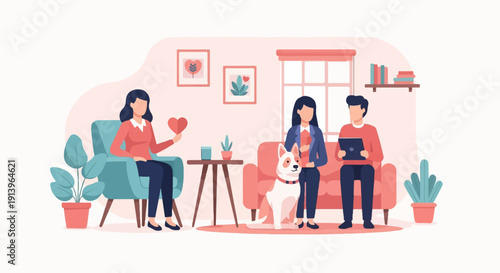 Two people and a dog in a living room, one holding a heart