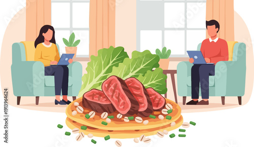 Two people in comfy chairs with laptops, food on a plate