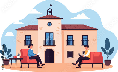 Two individuals relax on chairs outside a building with laptops