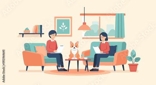 Two people and a dog in a living room working on laptops