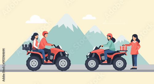 Two couples enjoy ATV rides near snow-capped mountains under a soft yellow sky