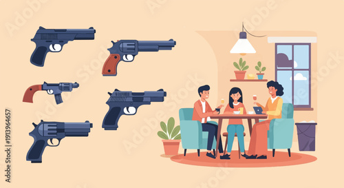 Two couples relax at a table with drinks, surrounded by firearms