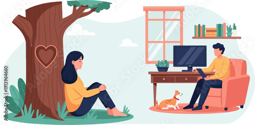 Two people and a dog in a serene setting with a tree, home office, and cozy chair