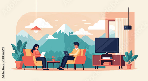 Two people in comfy chairs with laptops, with mountains and clouds backdrop