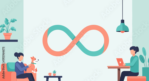 Two people and a dog interact in a cozy room with an infinity symbol