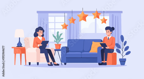 Two individuals sit in a living room, engaged with tablets, surrounded by home decor