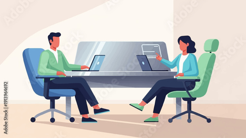 Two people at computers in an office meeting