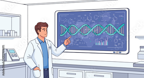 Scientist in lab coat presenting DNA double helix structure on large digital screen in modern laboratory setting from a slightly angled viewpoint