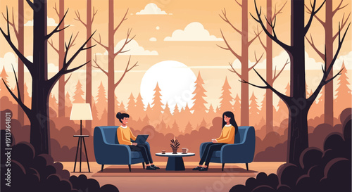Two people in cozy chairs converse in a forest setting as the sun sets