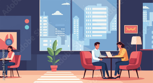 Two couples working on laptops in a modern office setting