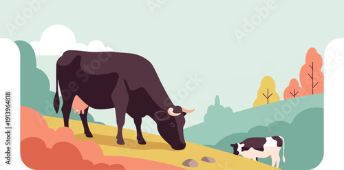 Two cows graze in a stylized, autumnal landscape