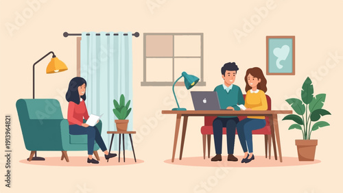 Two couples working on laptop and reading book in living room with plants