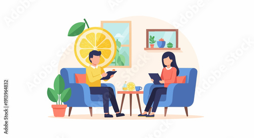 Two people in cozy chairs discuss topics with a large lemon and plants