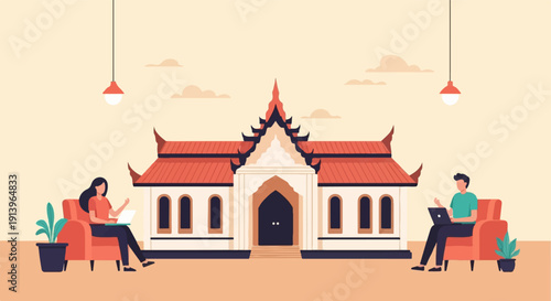 Two individuals work on laptops in chairs before a traditional building with red roofs