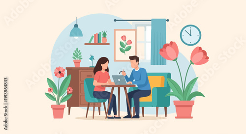 Two people collaborate on a laptop in a cozy room with plants