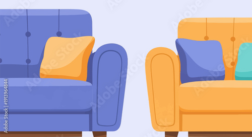 Two cozy sofas with decorative pillows on a light background
