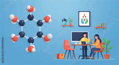 Two people collaborate on a project with a molecular structure as a backdrop