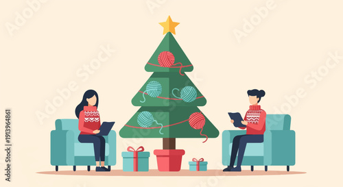 Two people in cozy sweaters relax near a decorated Christmas tree, reading