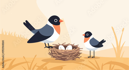 Two cute birds guard their nest with eggs in a dry, grassy environment