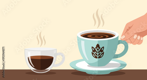 Two cups of hot coffee, one glass and one ceramic, are on a table