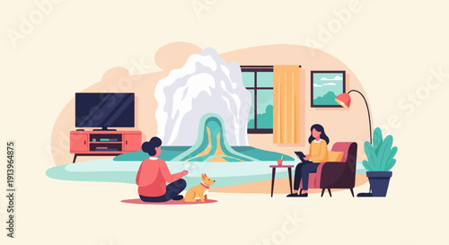 Two people and a dog relax in a living room with a dramatic window view